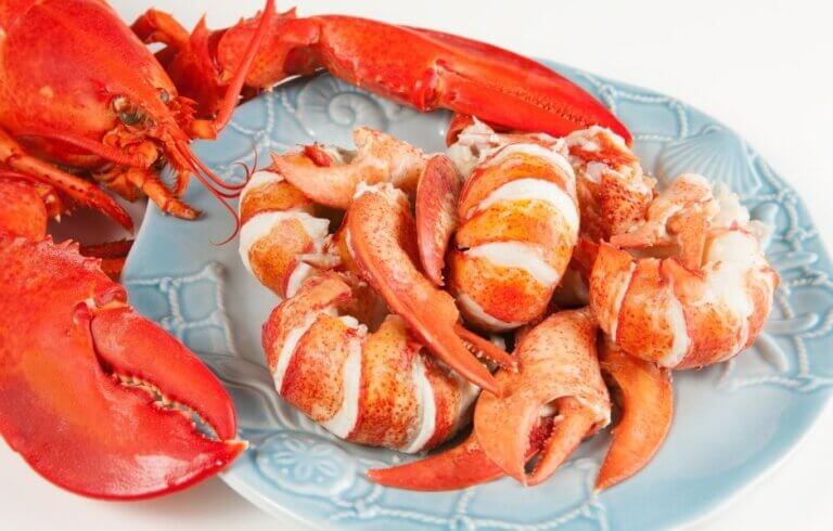 Large lobster near plate of cooked lobster tails.